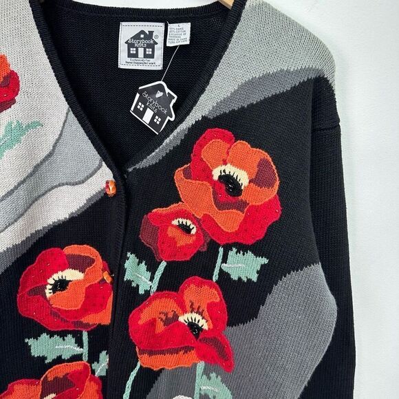 Storybook Knits Women’s Beaded Hand Knit Large Red Orange Poppy Flower Black Gre - Picture 7 of 8